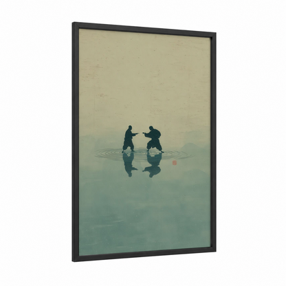 Misty Kung Fu framed art print — black wood frame — sage green and cream palette