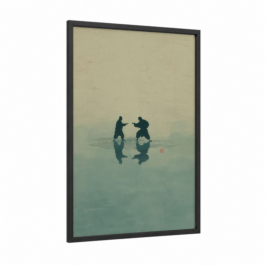Misty Kung Fu framed art print — black wood frame — sage green and cream palette