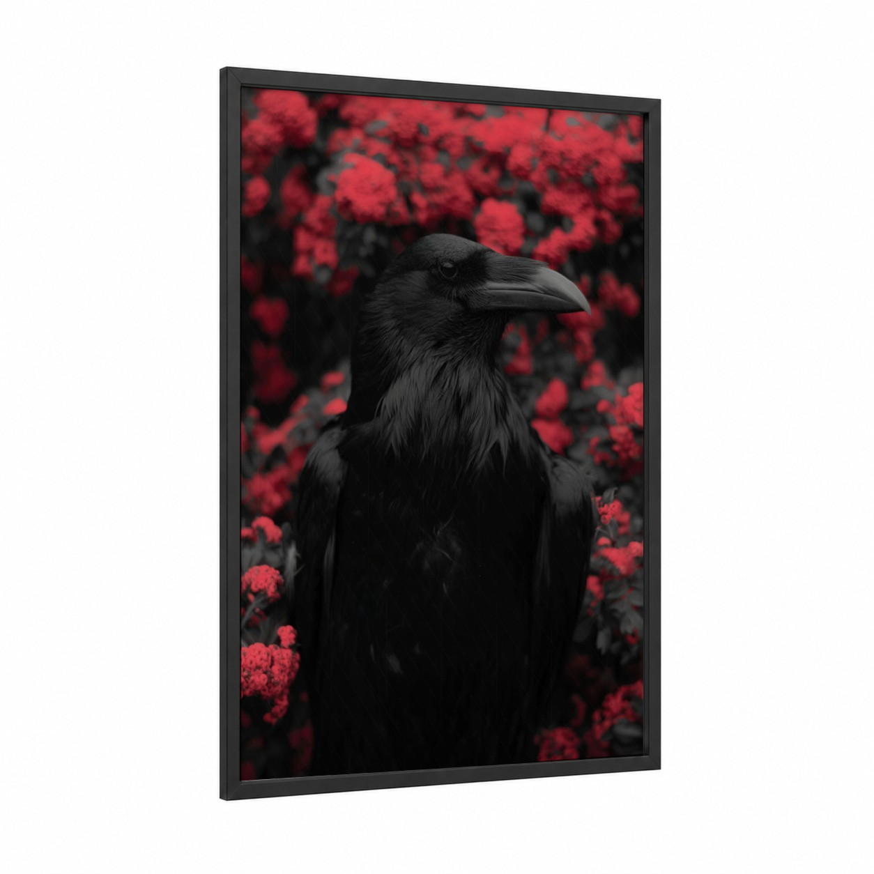 Crimson Raven framed crows and ravens print — black wood frame — black and red palette