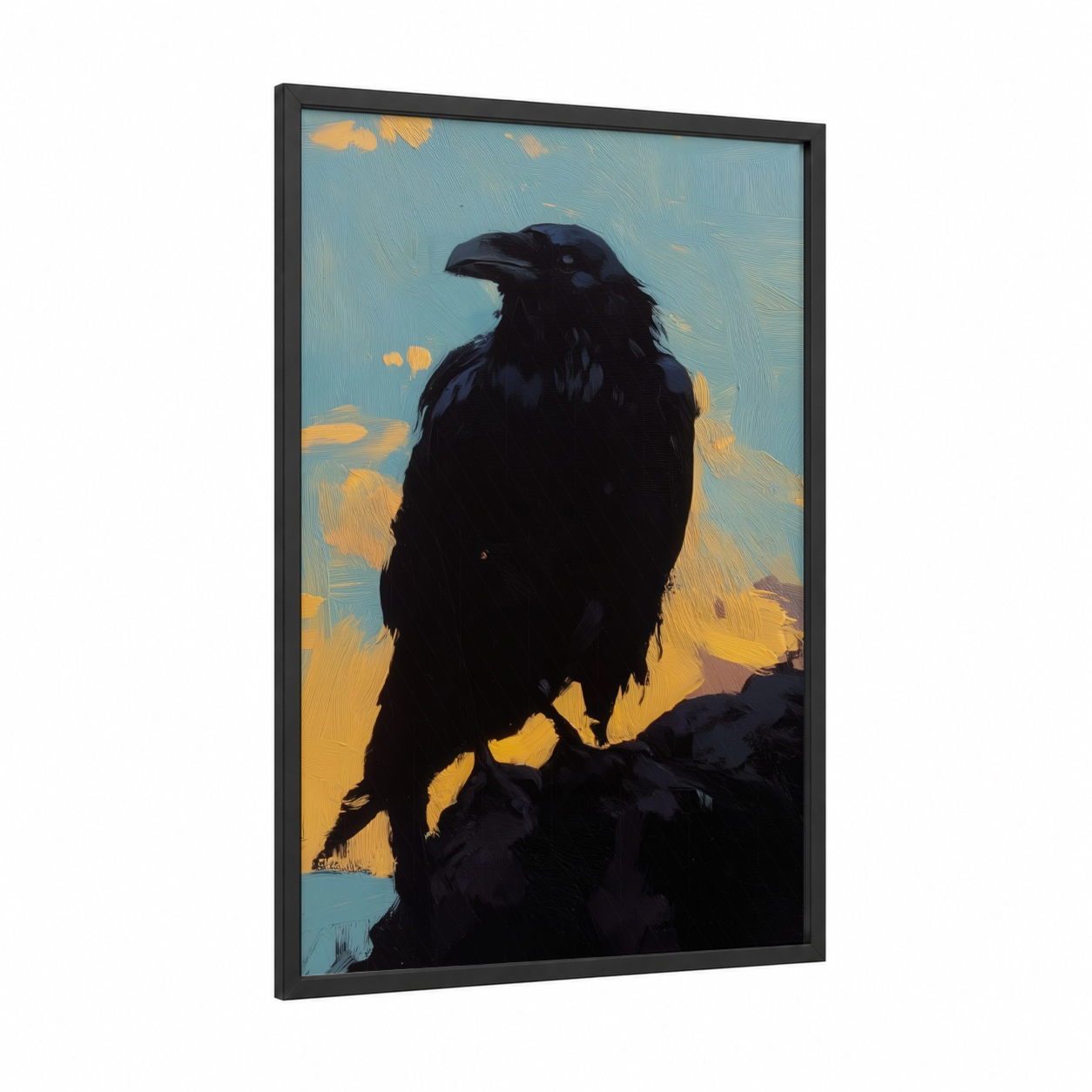 Skyward Raven framed crows and ravens print — black wood frame — blue and yellow gold palette
