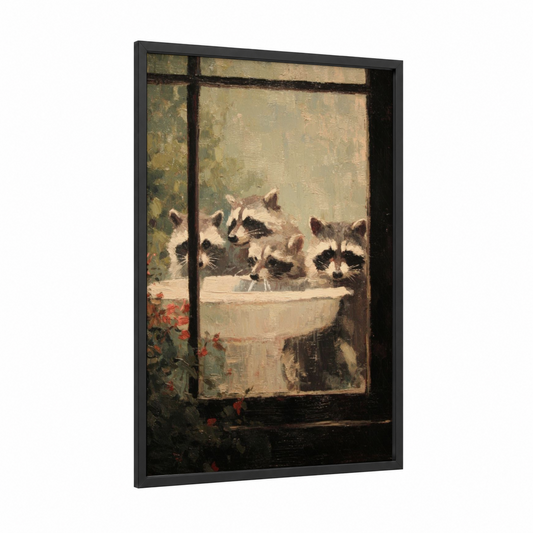 Curious Raccoons Window framed art print — black wood frame — sage green and cream palette