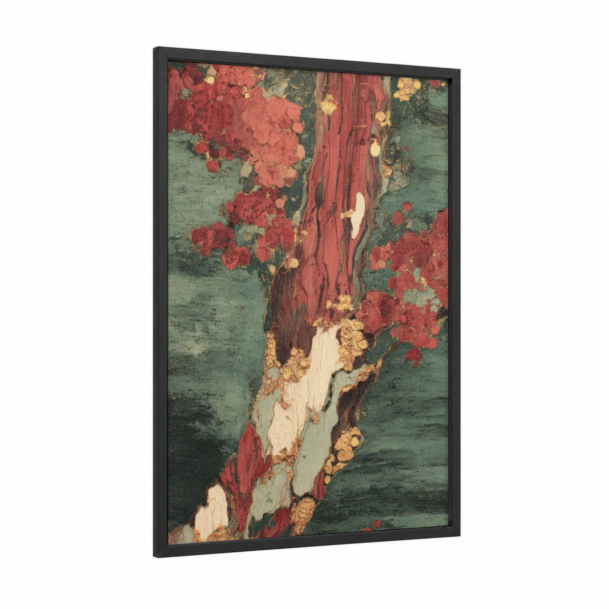 Crimson Arbutus framed arbutus tree print — black wood frame — red and sage green palette