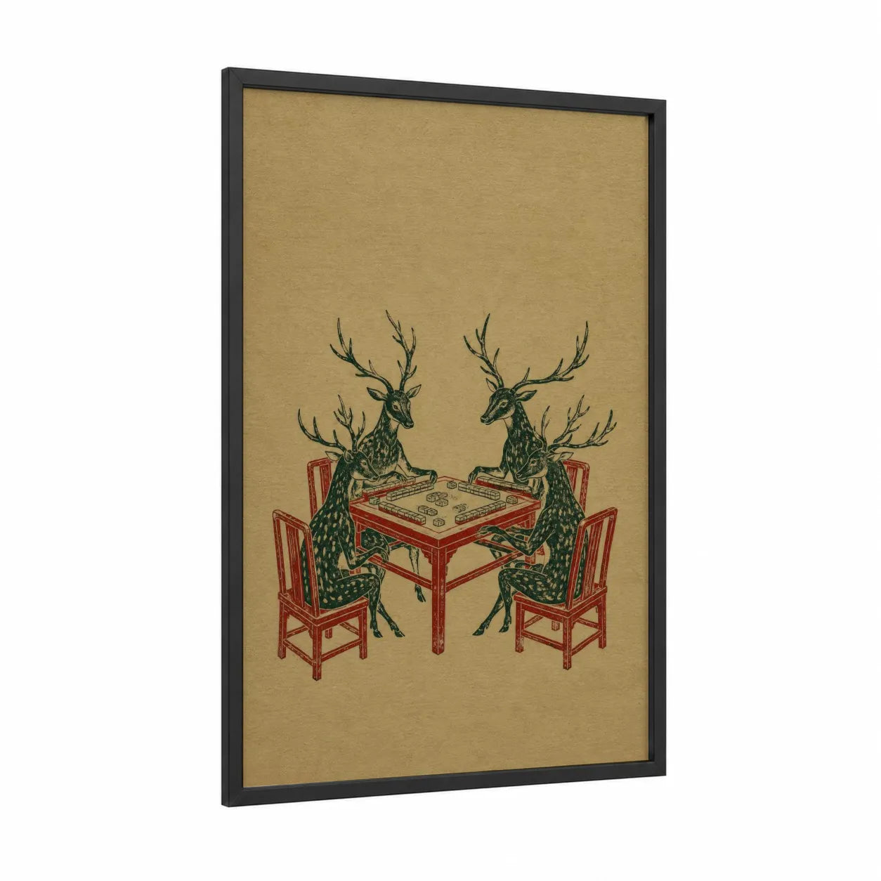 Deer Playing Cards Wall Art framed art print — black wood frame — red and beige palette