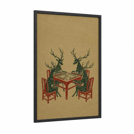 Deer Playing Cards Wall Art framed art print — black wood frame — red and beige palette