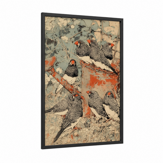 Red-Crowned Finches framed art print — black wood frame — sage green and cream palette