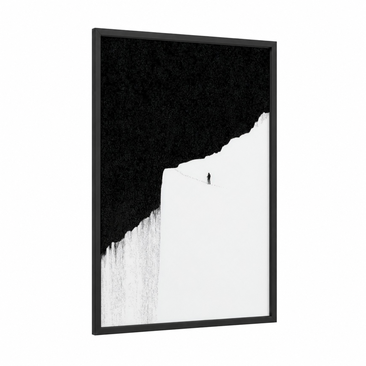 Solitary Climber framed ice climbing print — black wood frame — black and white palette