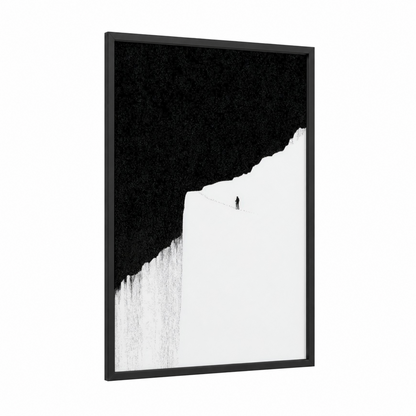 Solitary Climber framed ice climbing print — black wood frame — black and white palette