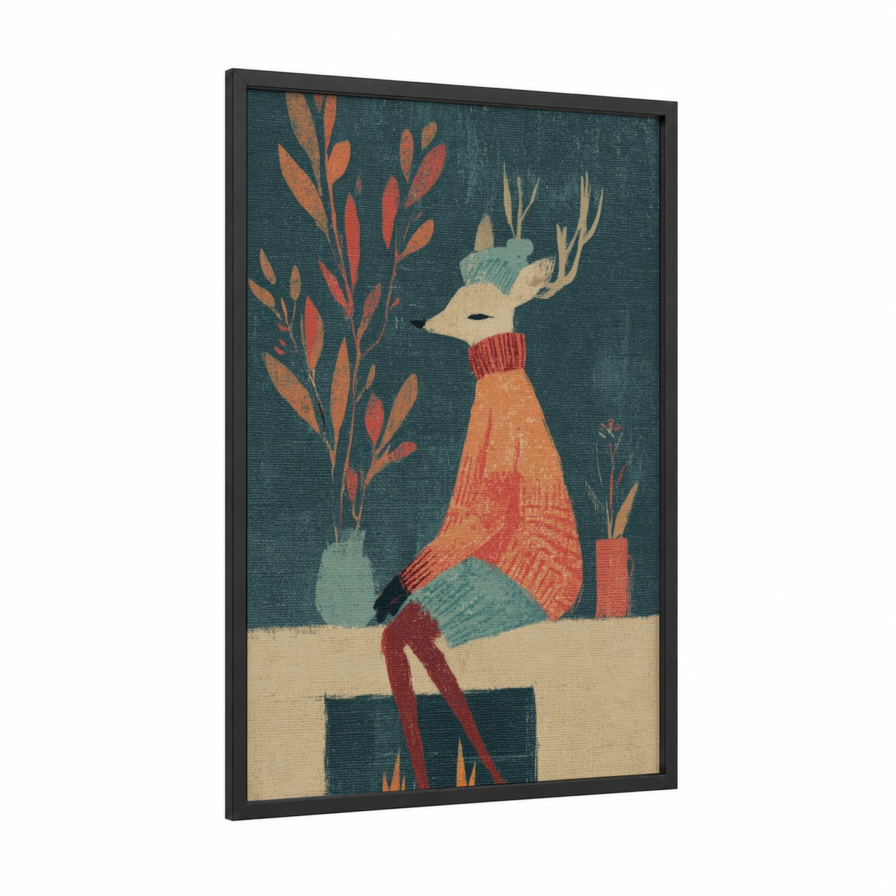 Cozy Reindeer framed art print — black wood frame — dark green and russet palette