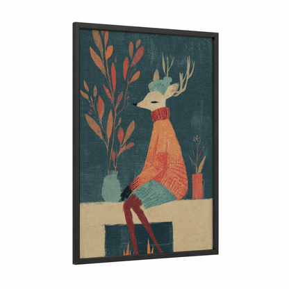 Cozy Reindeer framed art print — black wood frame — dark green and russet palette
