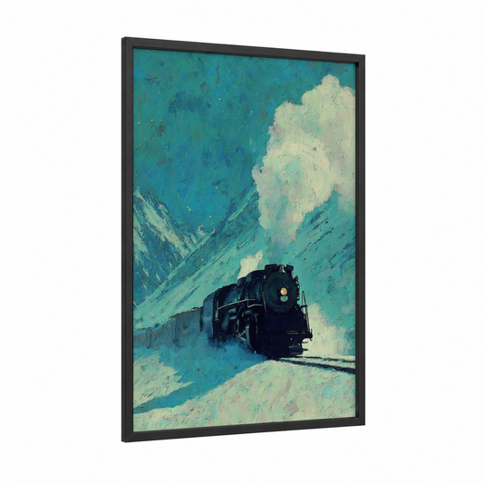 Mountain Express Train framed art for boy print — black wood frame — turquoise and cream palette