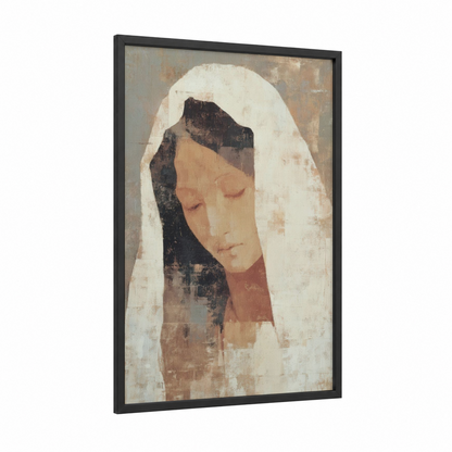 Contemplative Virgin framed virgin mary print — black wood frame — cream and dove gray palette
