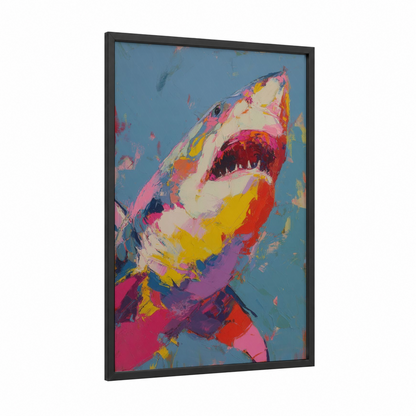 Colorful Shark framed sand tiger shark print — black wood frame — magenta and blue palette