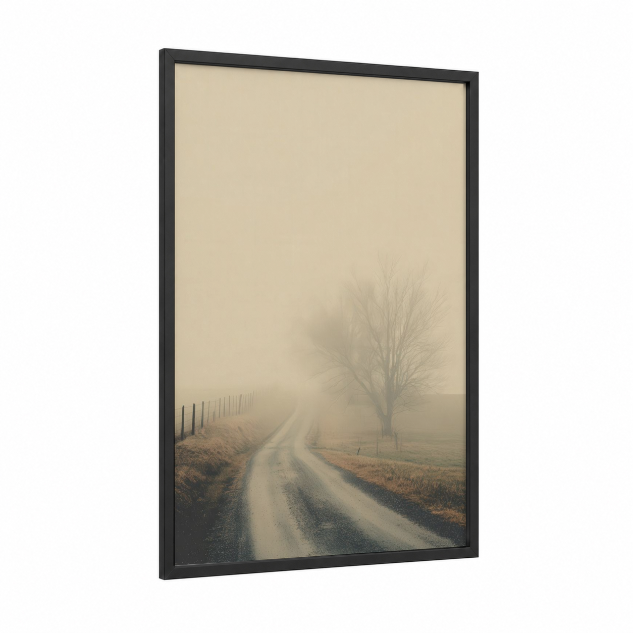 Misty Country Road framed art print — black wood frame — beige and gray palette