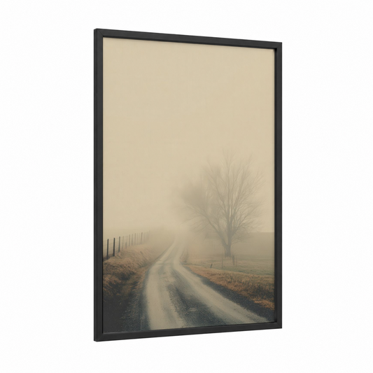 Misty Country Road framed art print — black wood frame — beige and gray palette