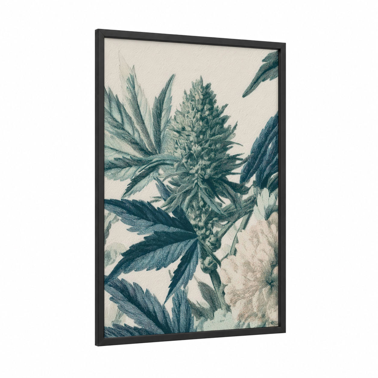 Botanical Cannabis Study framed marijuana print — black wood frame — teal and cream palette