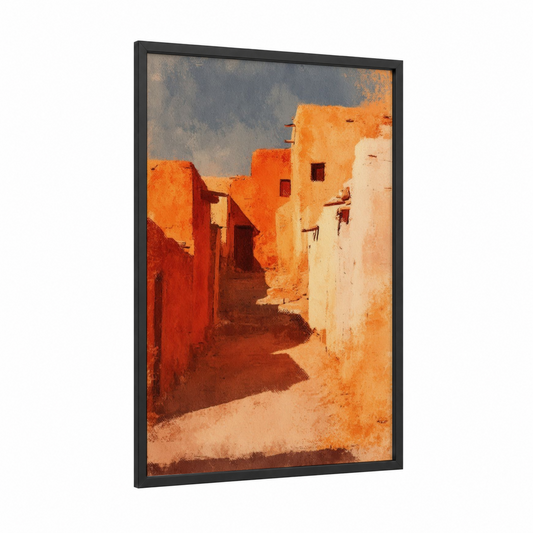 Desert Village Alley framed art print — black wood frame — pumpkin and cream palette