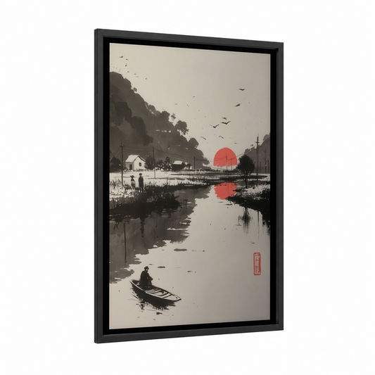 Crimson Sunset Riverside framed various landscapes print — black wood frame — black and white and red palette