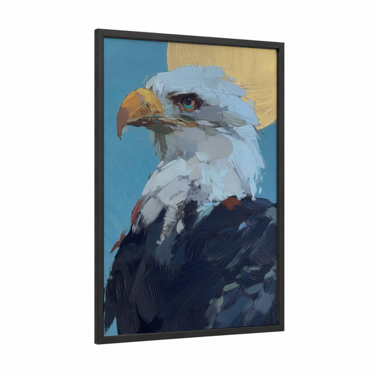 Golden Eagle Portrait framed art print — black wood frame — blue and gold palette
