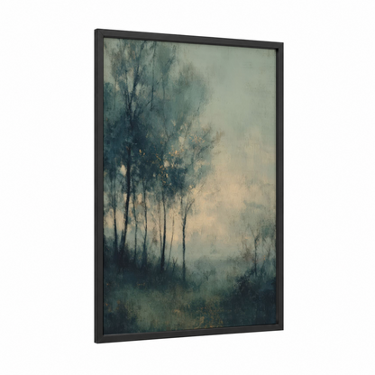 Misty Oak Forest framed art print — black wood frame — gray and blue and white palette