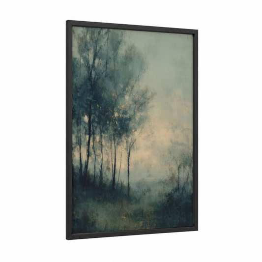Misty Oak Forest framed art print — black wood frame — gray and blue and white palette