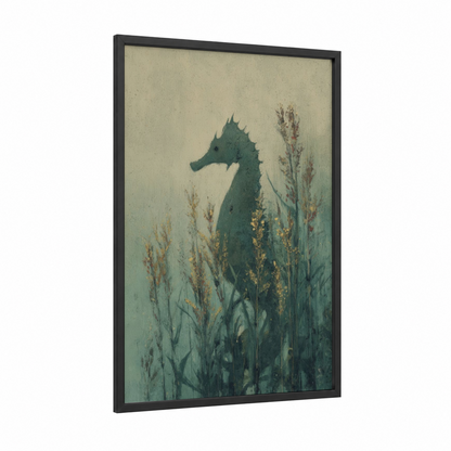 Seagrass Seahorse framed sea horse print — black wood frame — teal and gold palette