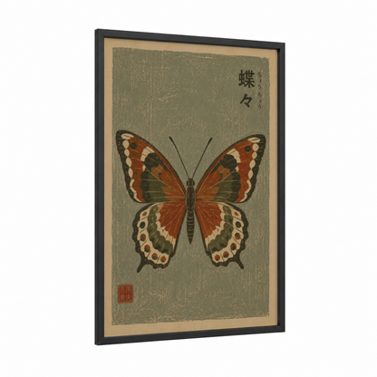 Japanese Butterfly Woodblock Wall Art framed art print — black wood frame — brown and beige palette