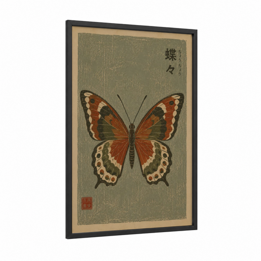 Japanese Butterfly Woodblock Wall Art framed art print — black wood frame — brown and beige palette