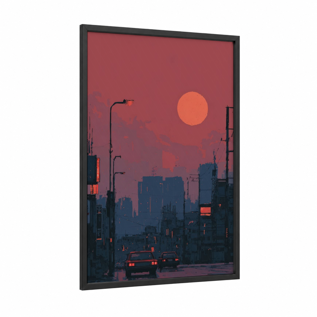 Crimson Urban Sunset framed art print — black wood frame — maroon and gold palette