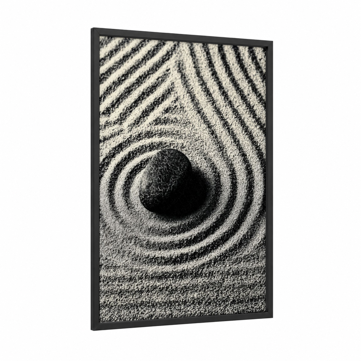 Zen Stone Ripples framed abstract minimalist print — black wood frame — black and white palette