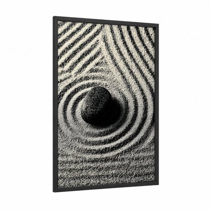 Zen Stone Ripples framed abstract minimalist print — black wood frame — black and white palette