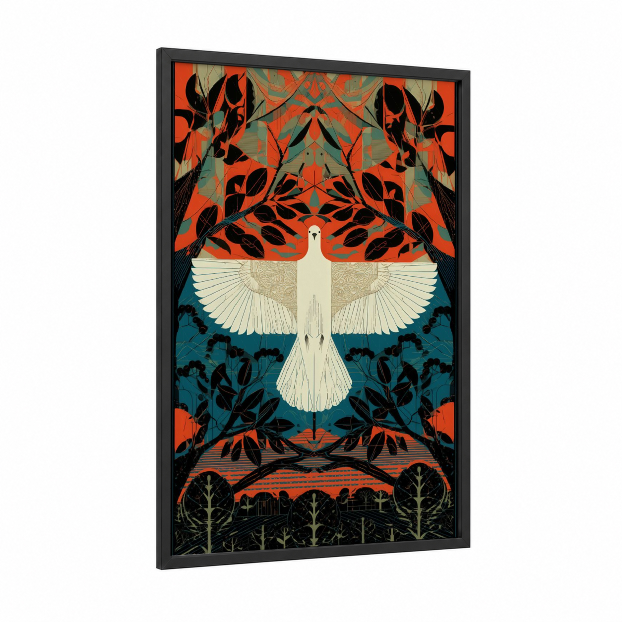 Ethereal Dove Ascension framed art print — black wood frame — orange and teal palette