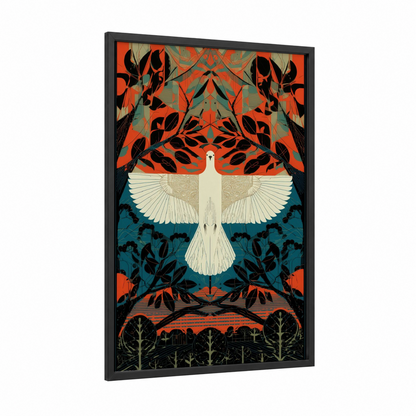 Ethereal Dove Ascension framed art print — black wood frame — orange and teal palette
