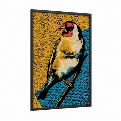 Goldfinch Pop Art framed art print — black wood frame — gold and blue palette