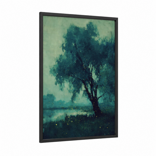 Ethereal Willow framed willow tree print — black wood frame — teal and dark green palette
