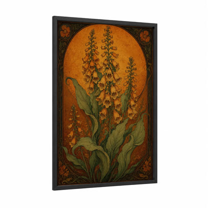 Golden Botanical Bells Wall Art framed flower print — black wood frame — orange and gold palette