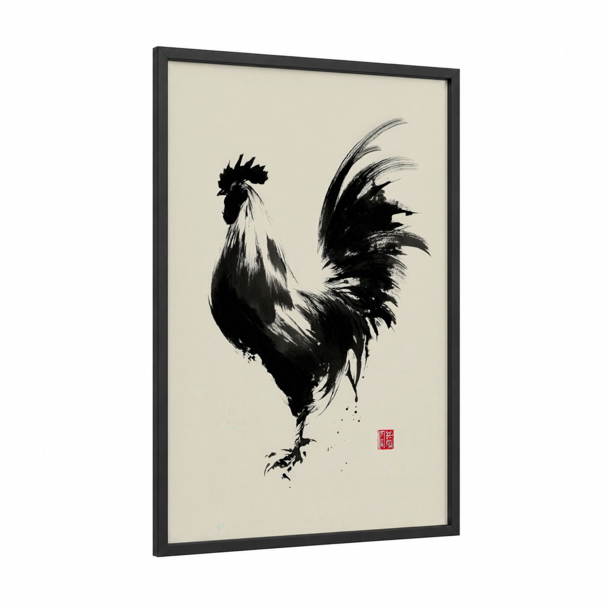 Brushstroke Rooster framed chicken and roosters print — black wood frame — black and white and cream palette
