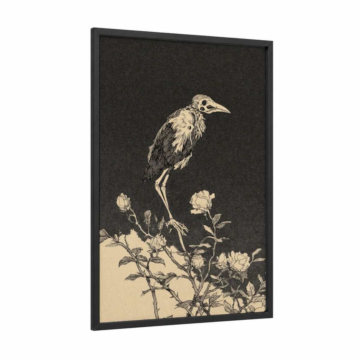 Skeletal Heron framed magic and witchcraft print — black wood frame — black and cream palette