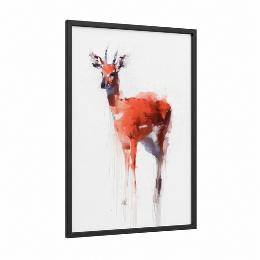 Crimson Antelope framed art print — black wood frame — red and white palette