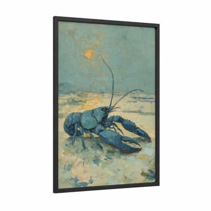 Turquoise Lobster framed art print — black wood frame — teal and gold palette