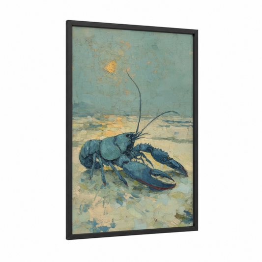 Turquoise Lobster framed art print — black wood frame — teal and gold palette