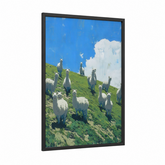 Alpine Alpaca Herd framed art print — black wood frame — blue and green palette
