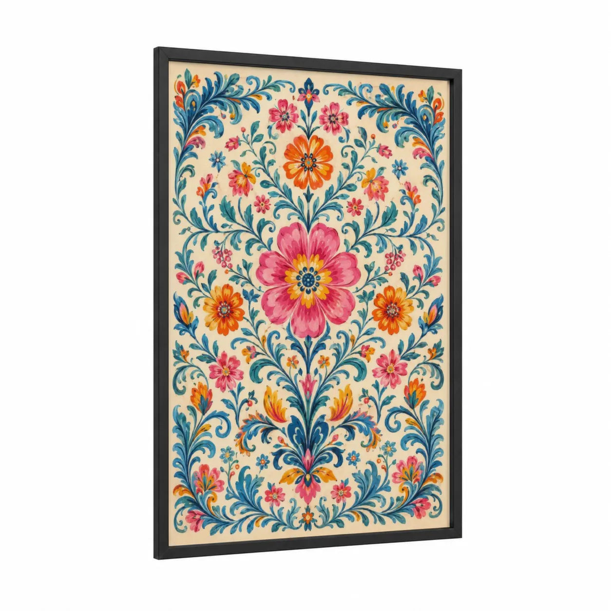 Ornate Floral Damask Pattern Wall Art framed flower print — black wood frame — pink and orange palette
