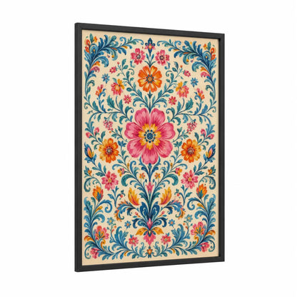 Ornate Floral Damask Pattern Wall Art framed flower print — black wood frame — pink and orange palette
