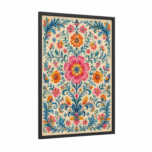 Ornate Floral Damask Pattern Wall Art framed flower print — black wood frame — pink and orange palette
