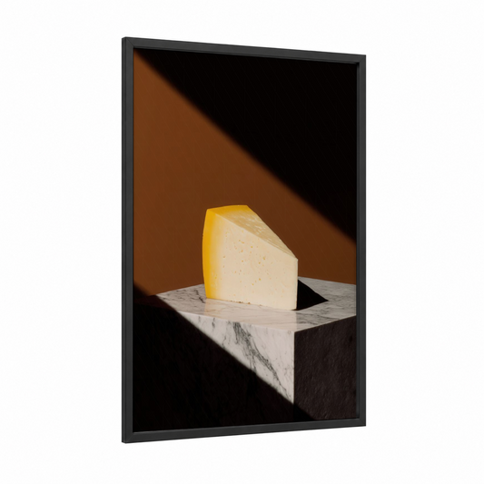 Golden Cheese Block framed art print — black wood frame — gold and black and white palette
