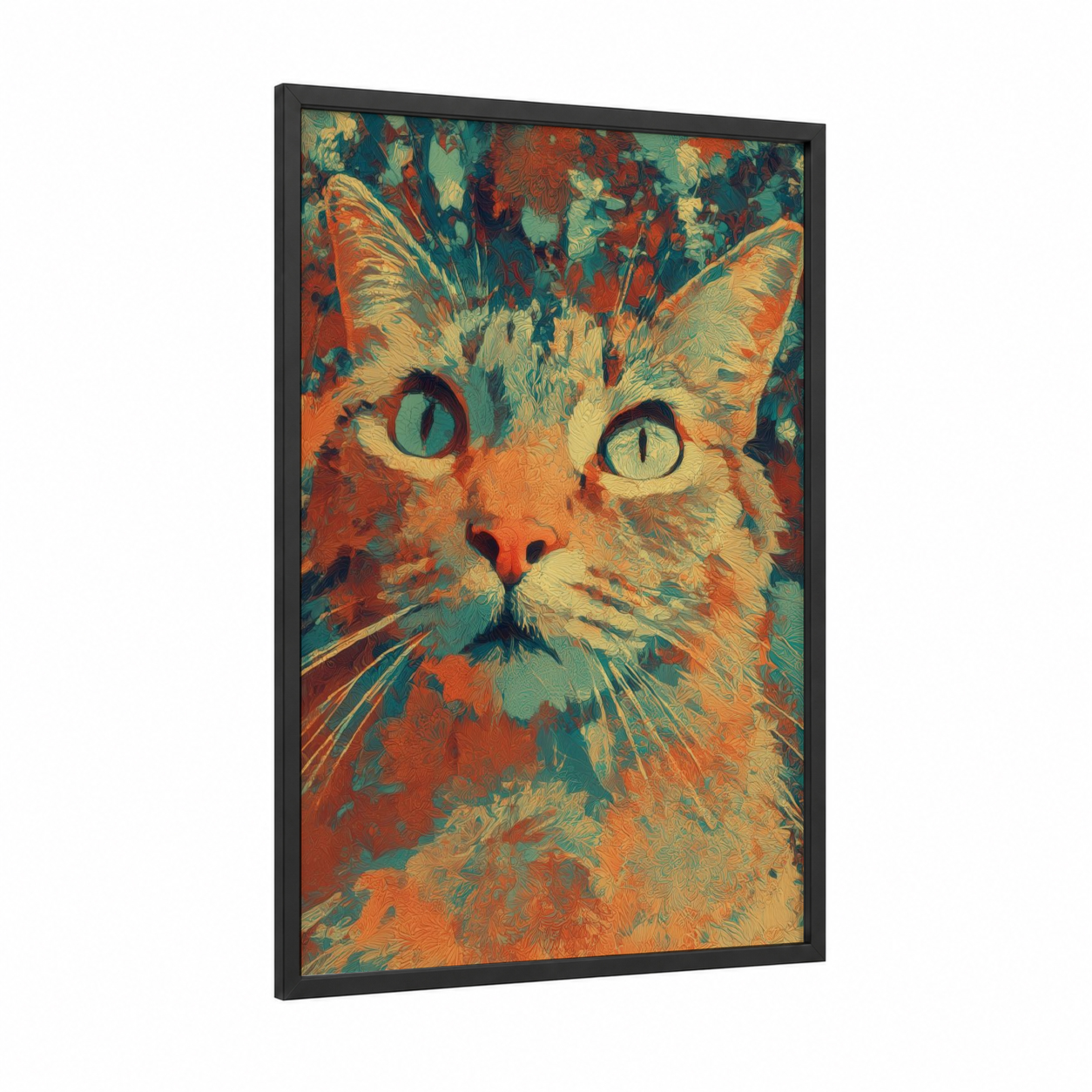 Emerald-Eyed Cat framed art print — black wood frame — orange and teal palette