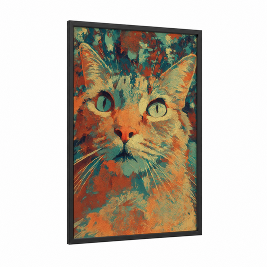 Emerald-Eyed Cat framed art print — black wood frame — orange and teal palette