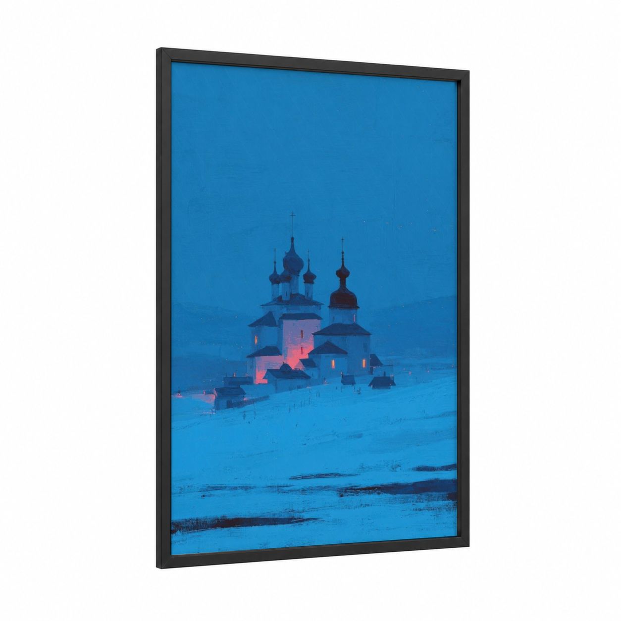 Snowy Monastery framed art print — black wood frame — blue and gold and white palette