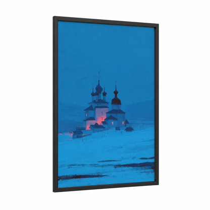 Snowy Monastery framed art print — black wood frame — blue and gold and white palette