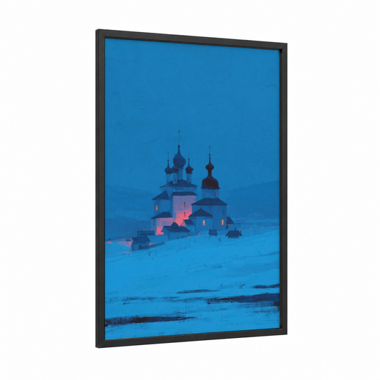 Snowy Monastery framed art print — black wood frame — blue and gold and white palette